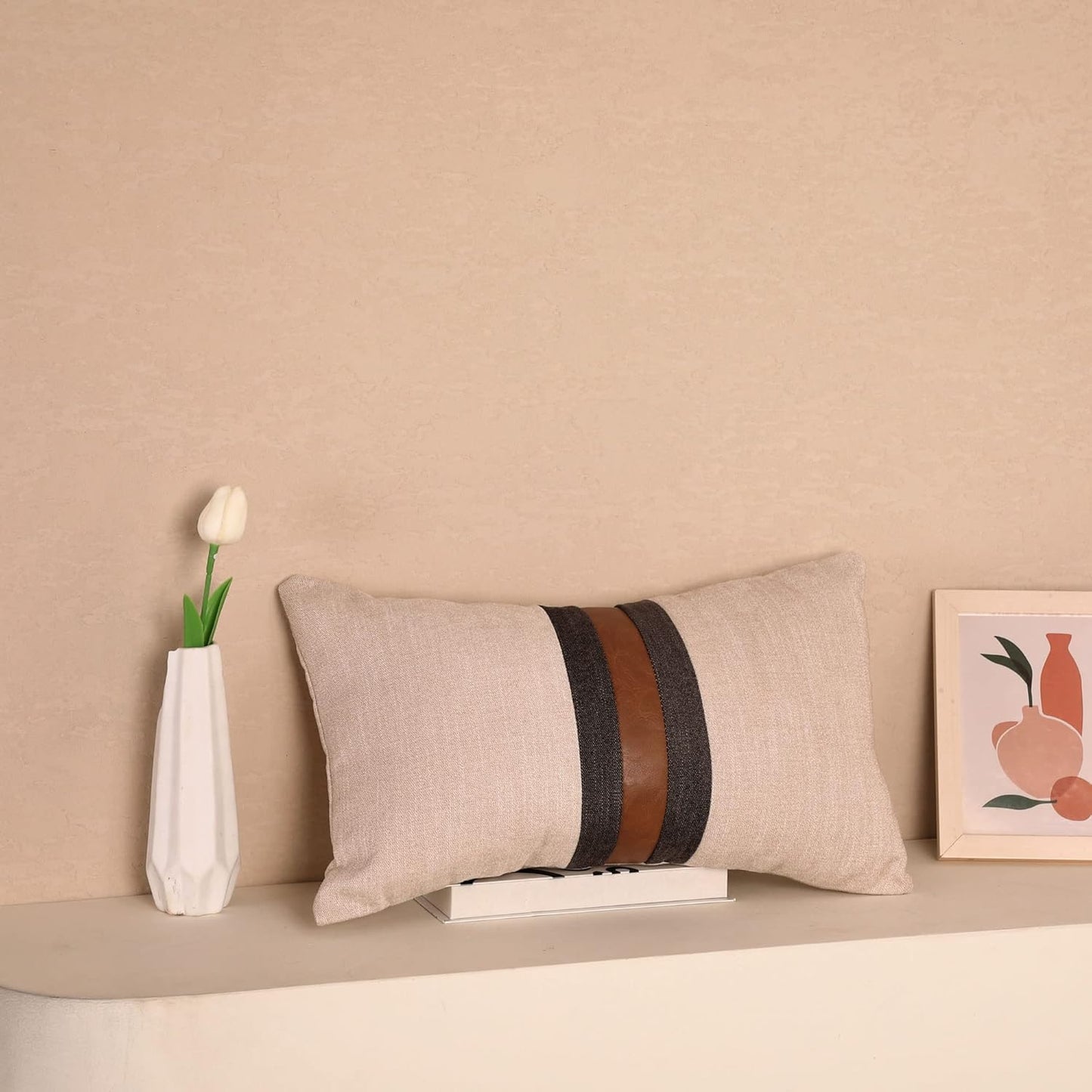 Farmhouse Decorative Outdoor Throw Pillow Covers for Couch Sofa Bed Brown Faux Leather Accent Pillow Cover Modern Decor Pillow Case 12 X 20 Inch (Beige)